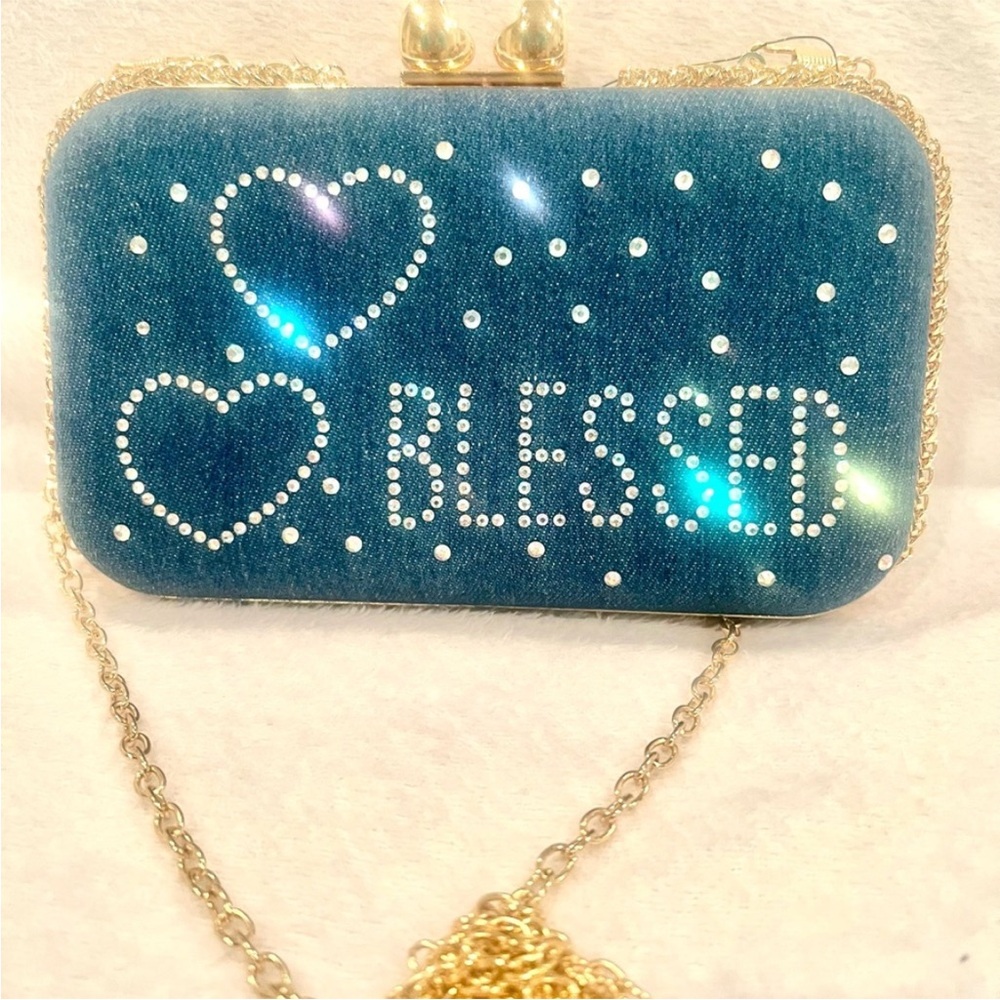 Blue Denim Clutch with chain -BLESSED